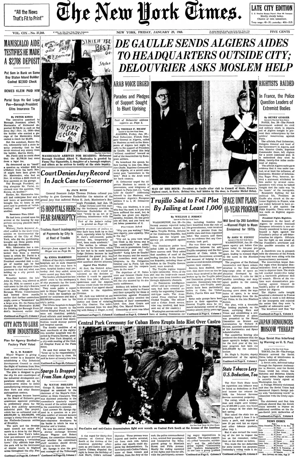 Friday, January 29, 1960 – The New York Times Front Page