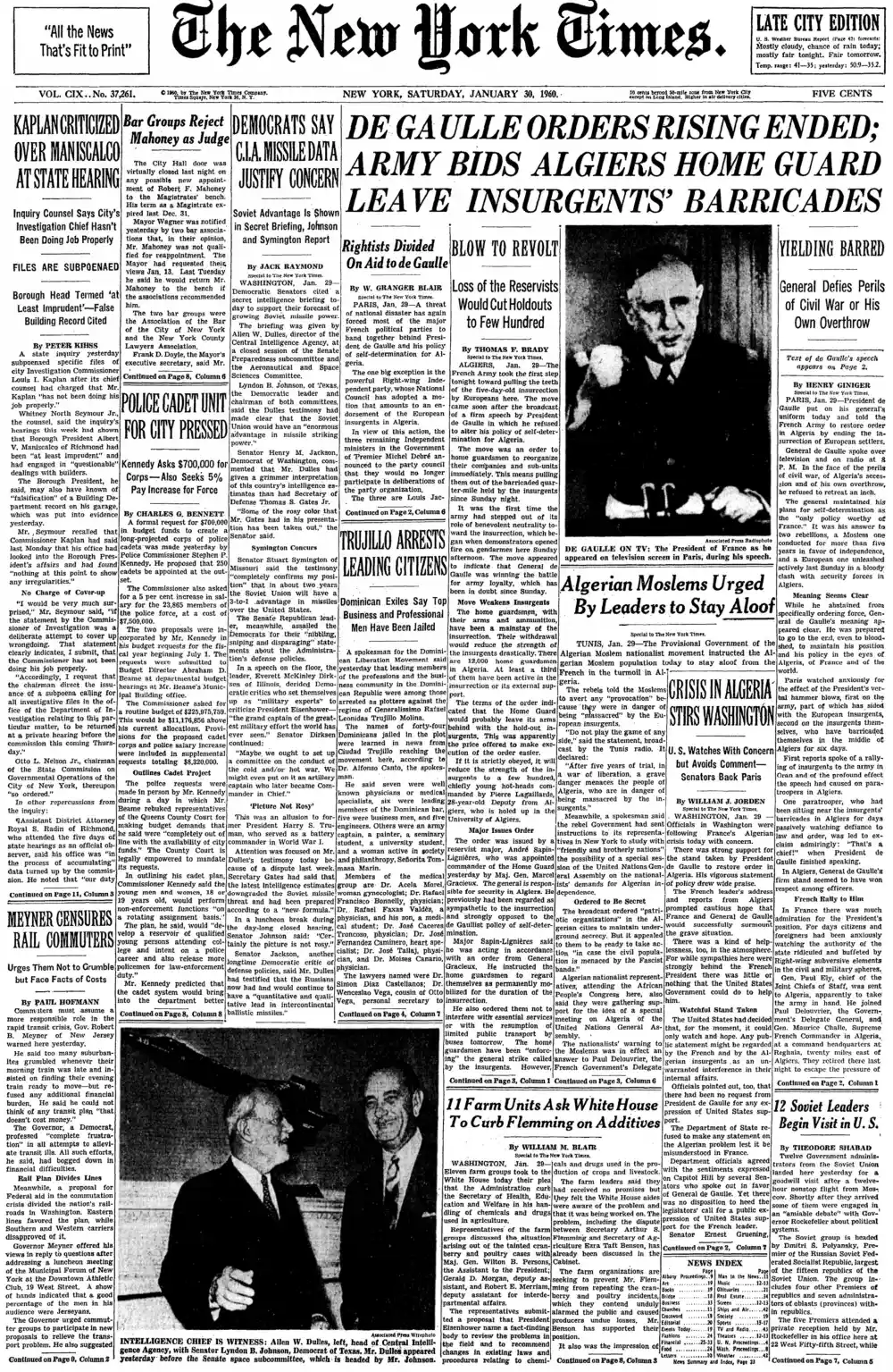Saturday, January 30, 1960 – The New York Times Front Page
