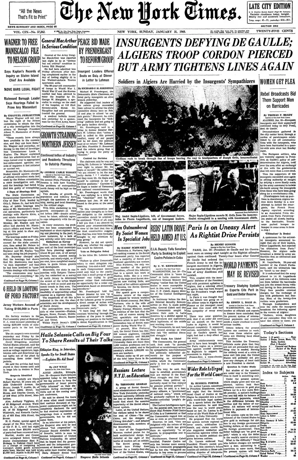 Sunday, January 31, 1960 – The New York Times Front Page