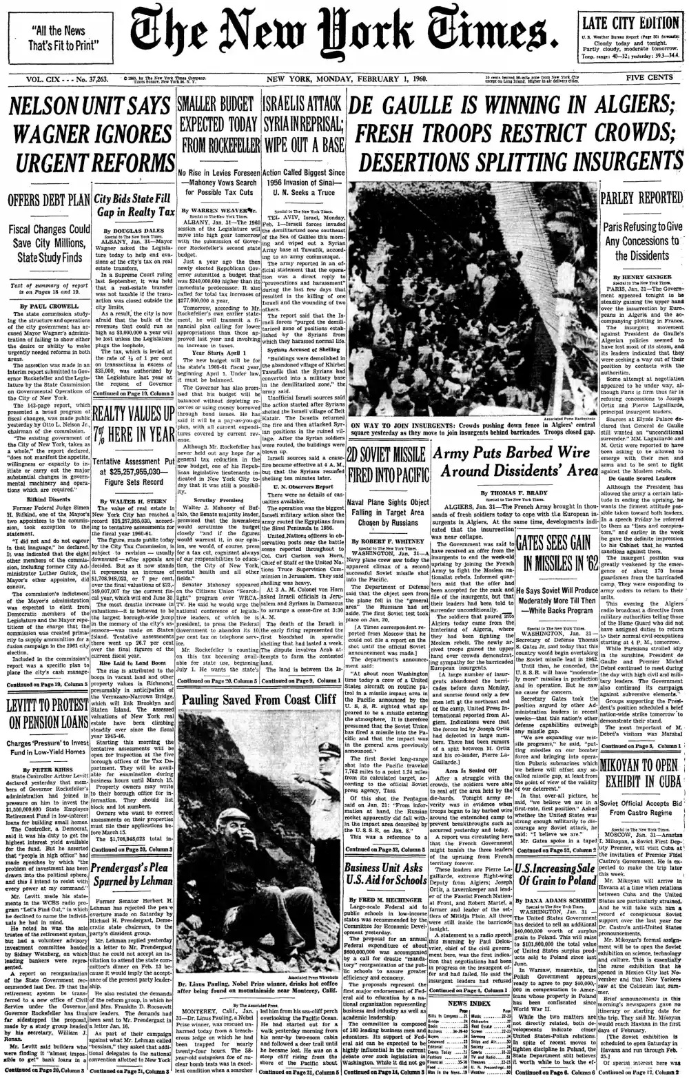 Monday, February 1, 1960 – The New York Times Front Page
