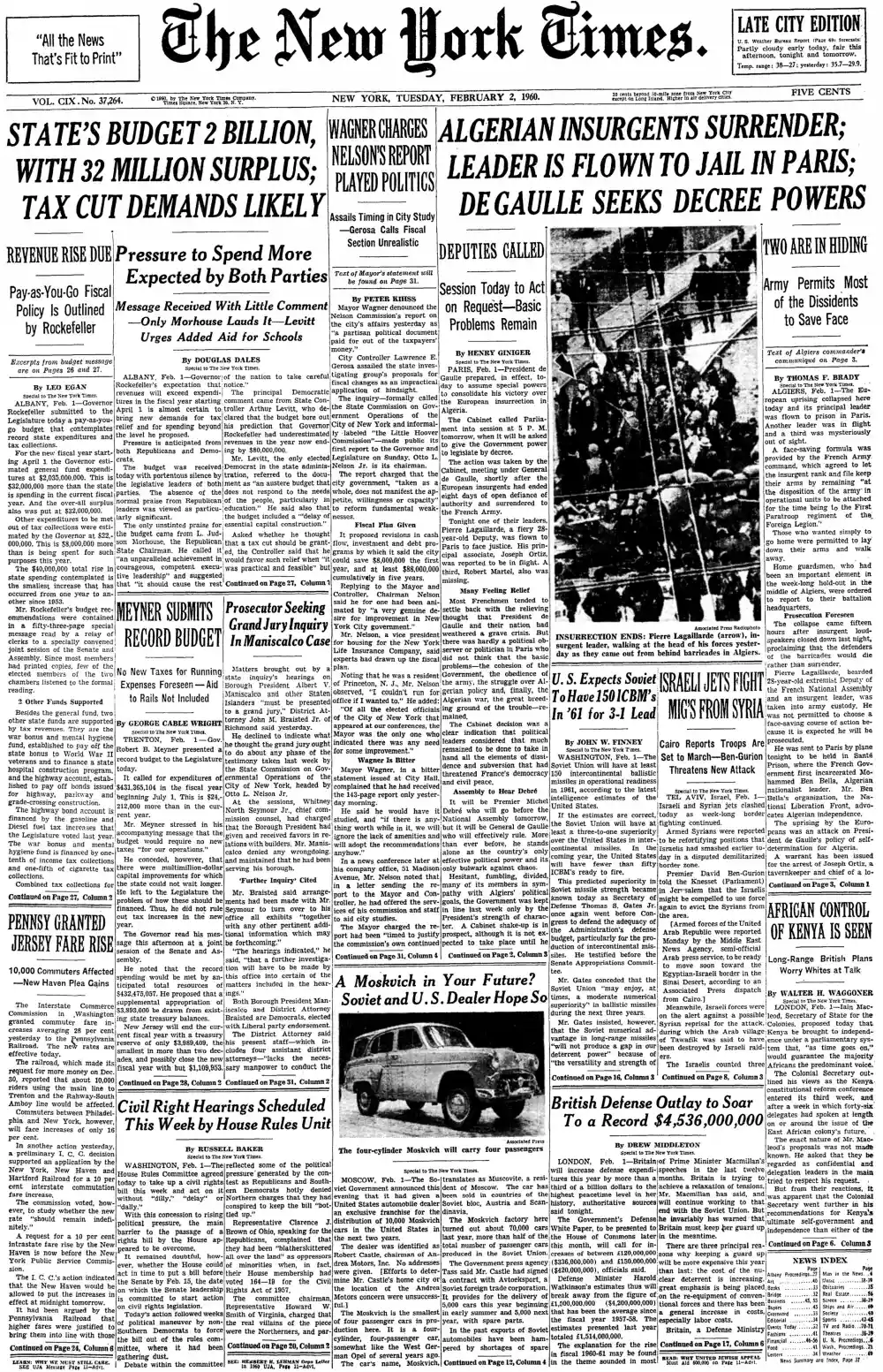 Tuesday, February 2, 1960 – The New York Times Front Page