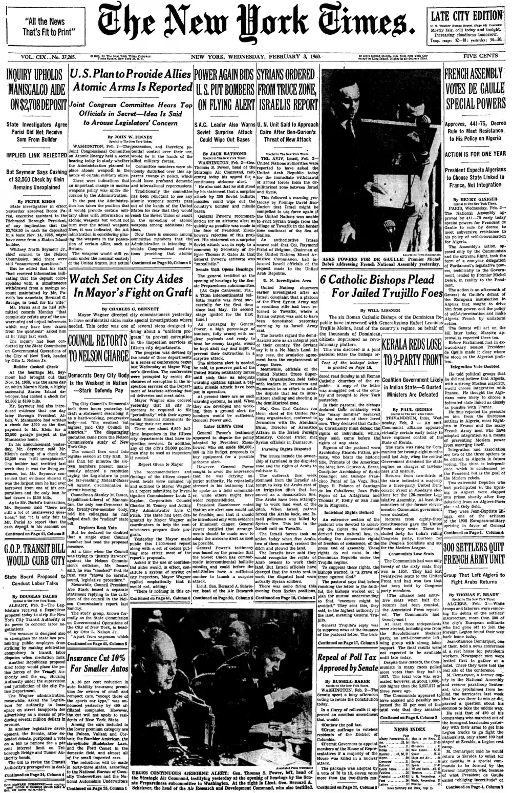 Wednesday, February 3, 1960 – The New York Times Front Page