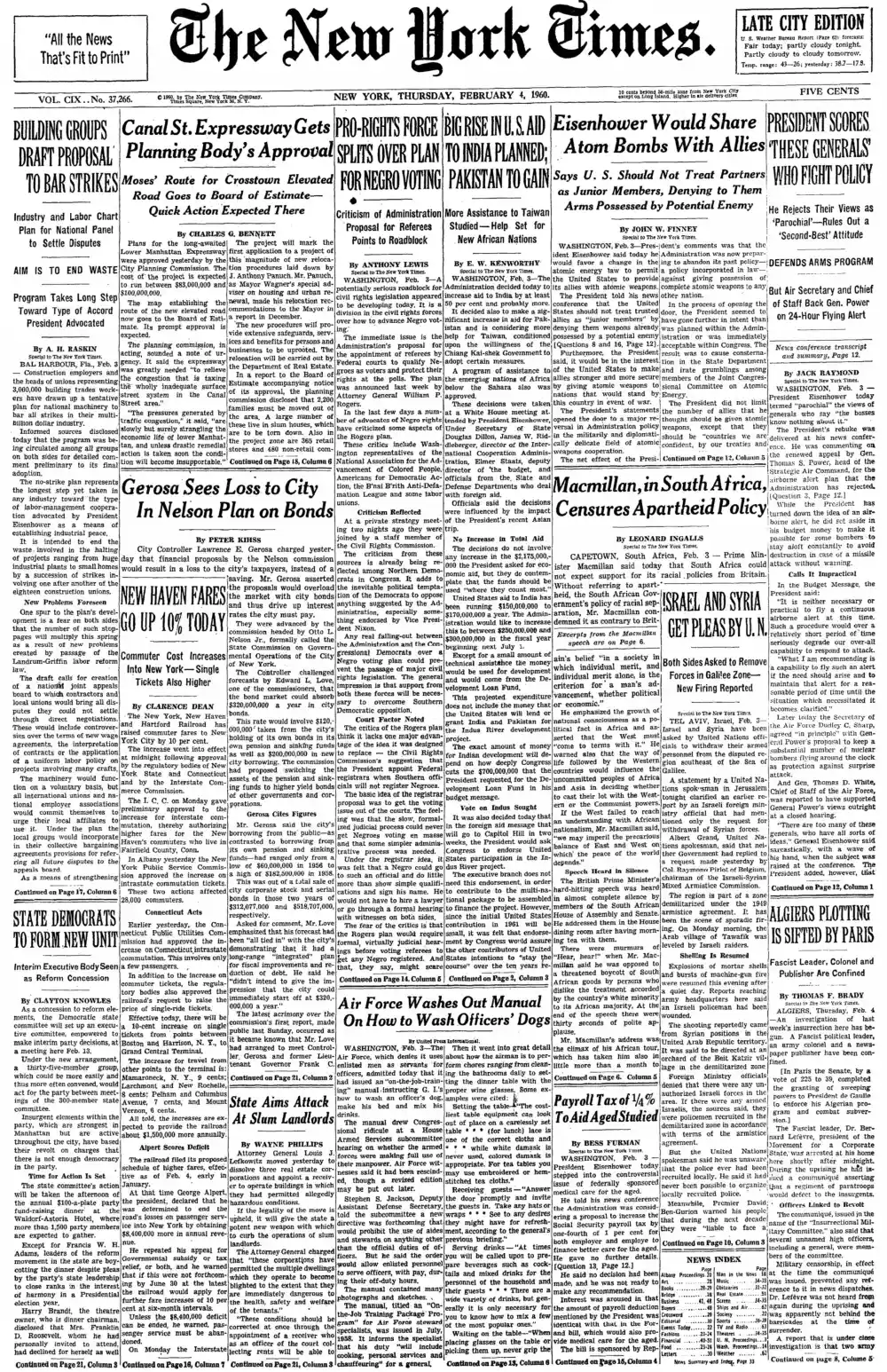 Thursday, February 4, 1960 – The New York Times Front Page