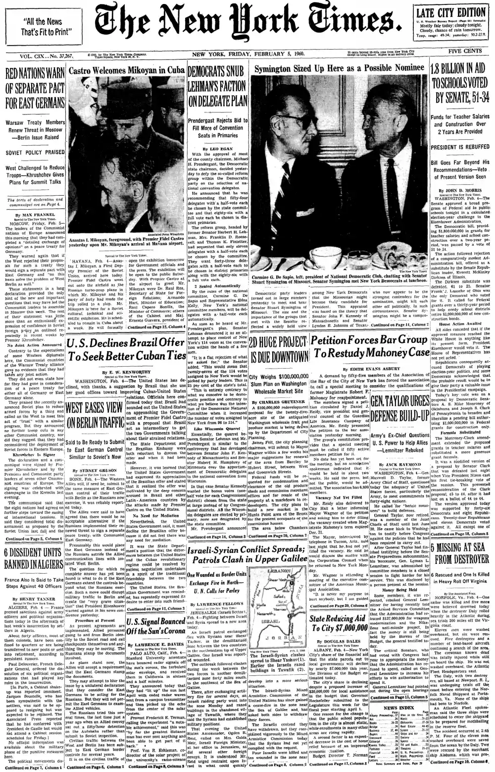 Friday, February 5, 1960 – The New York Times Front Page
