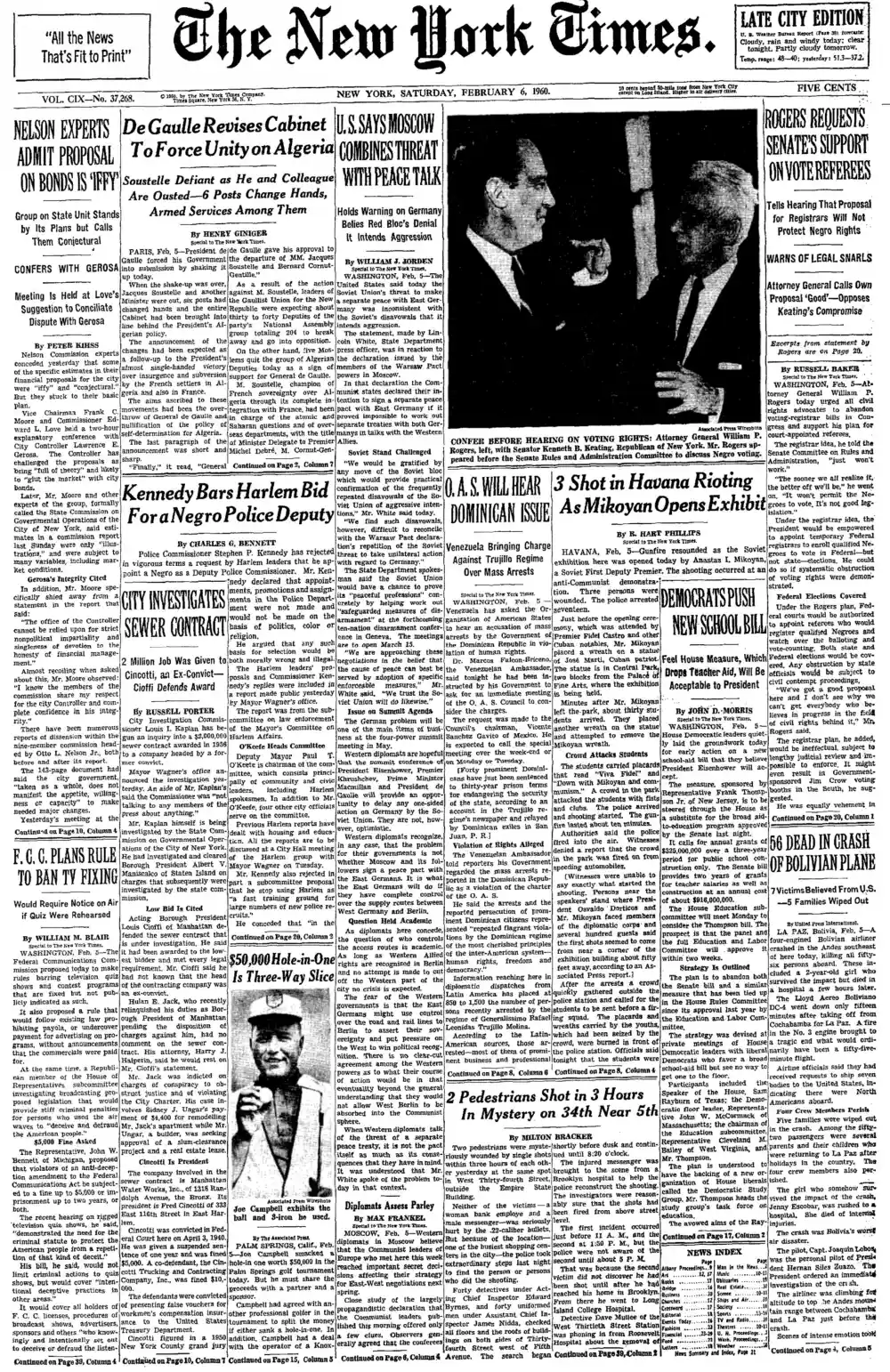 Saturday, February 6, 1960 – The New York Times Front Page