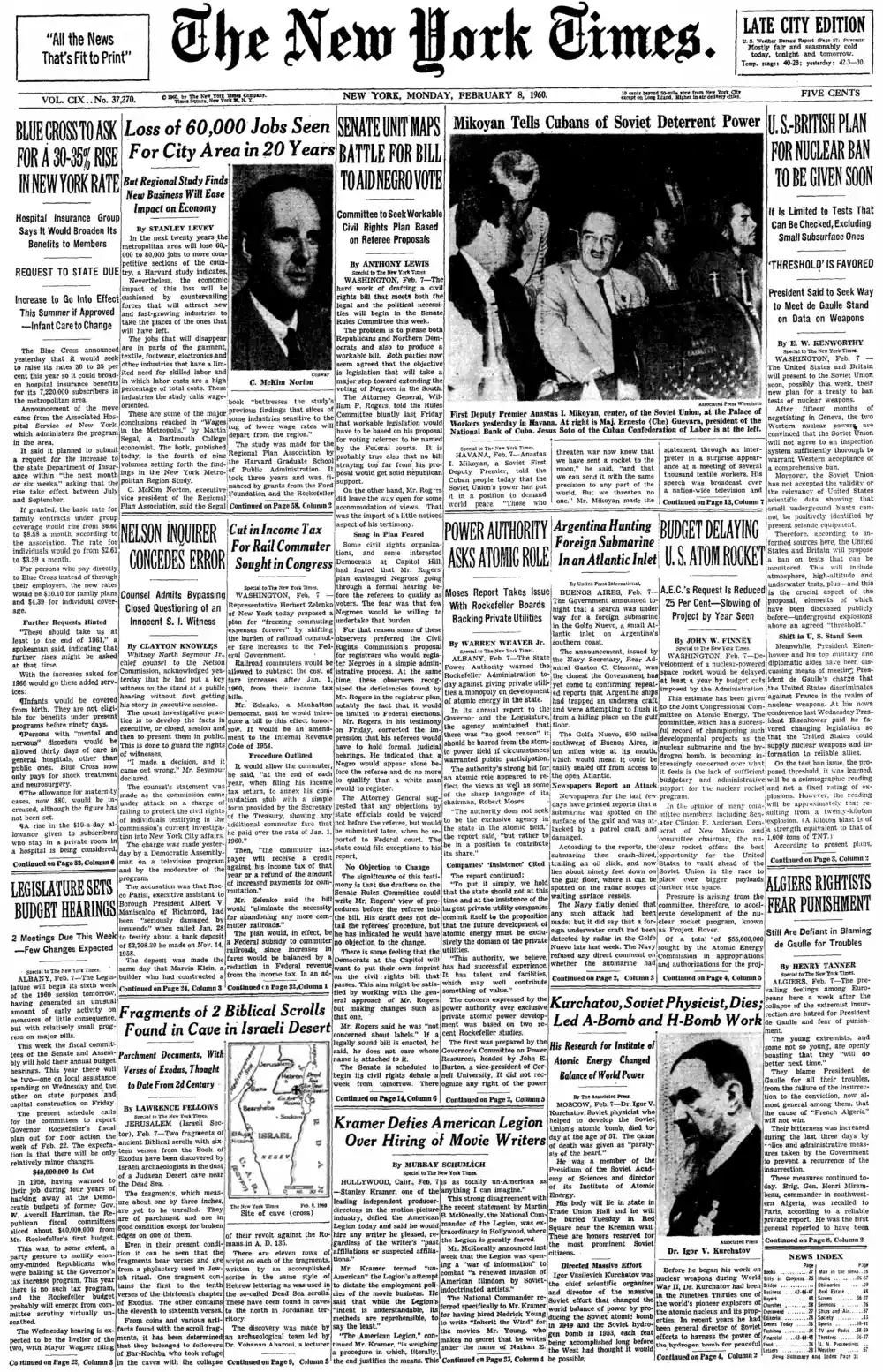 Monday, February 8, 1960 – The New York Times Front Page