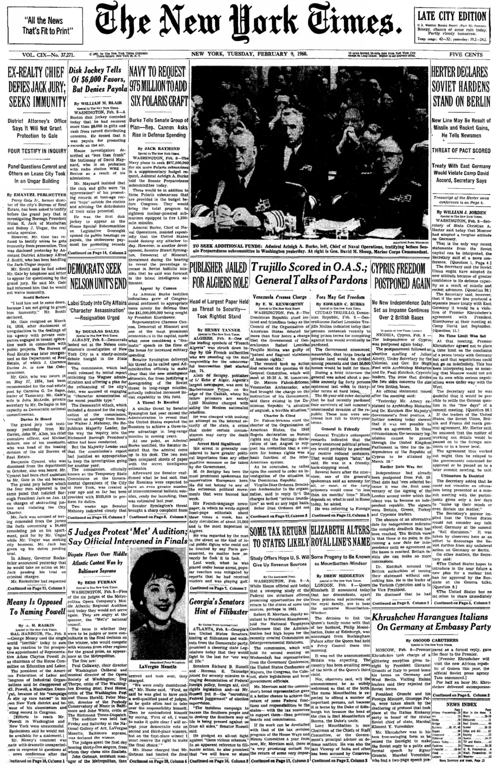 Tuesday, February 9, 1960 – The New York Times Front Page