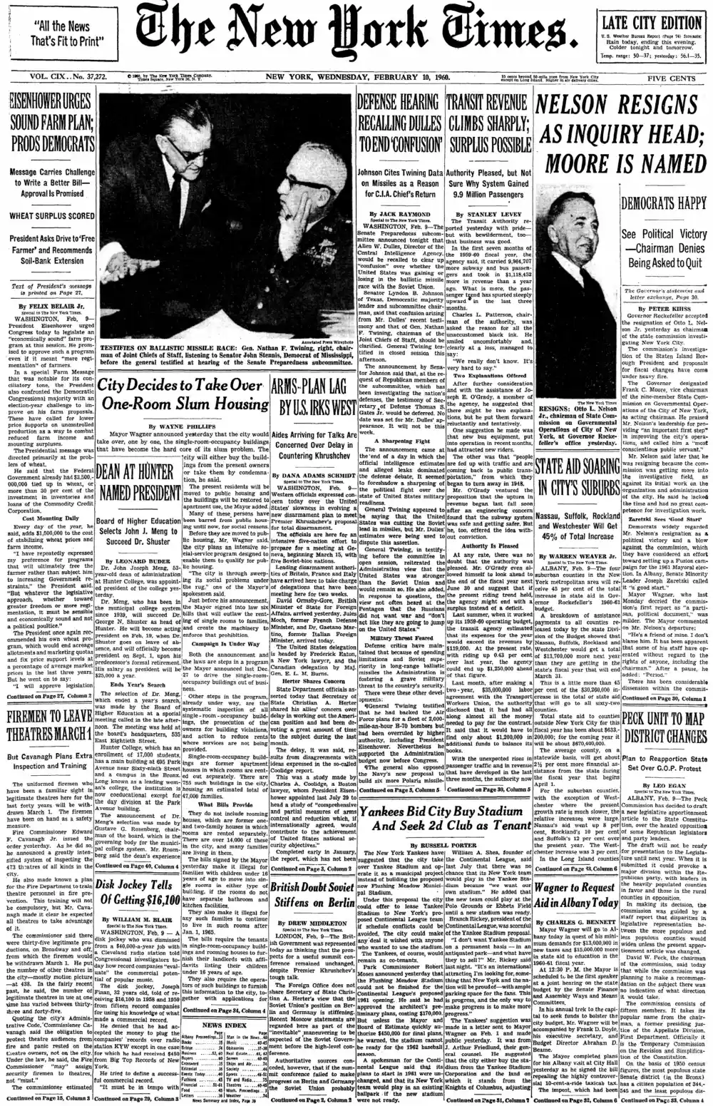 Wednesday, February 10, 1960 – The New York Times Front Page