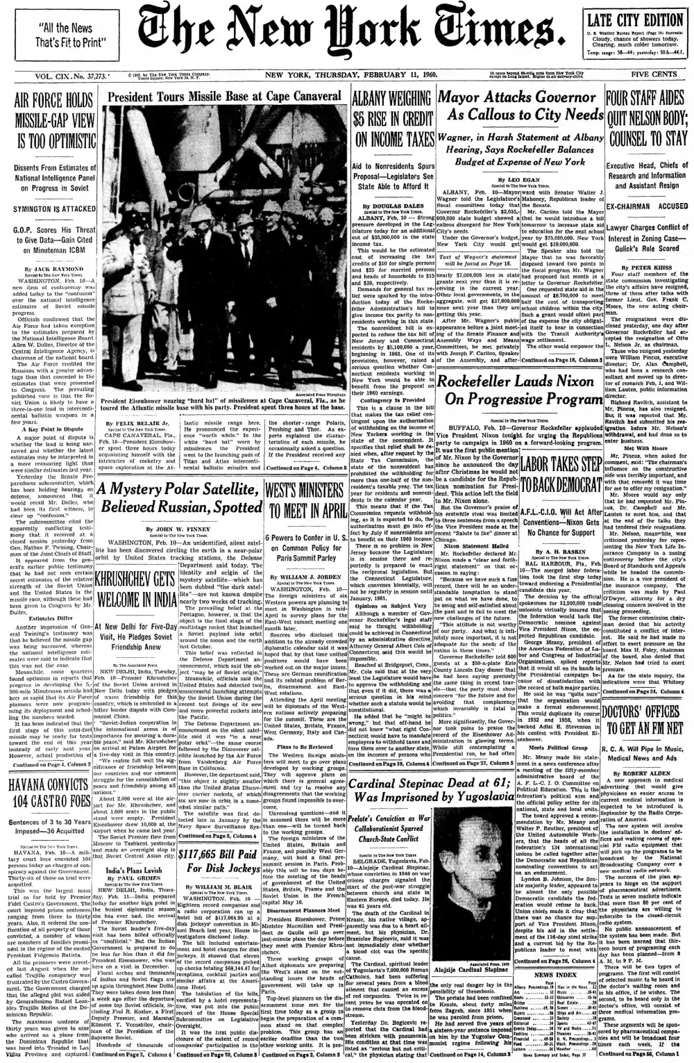 Thursday, February 11, 1960 – The New York Times Front Page