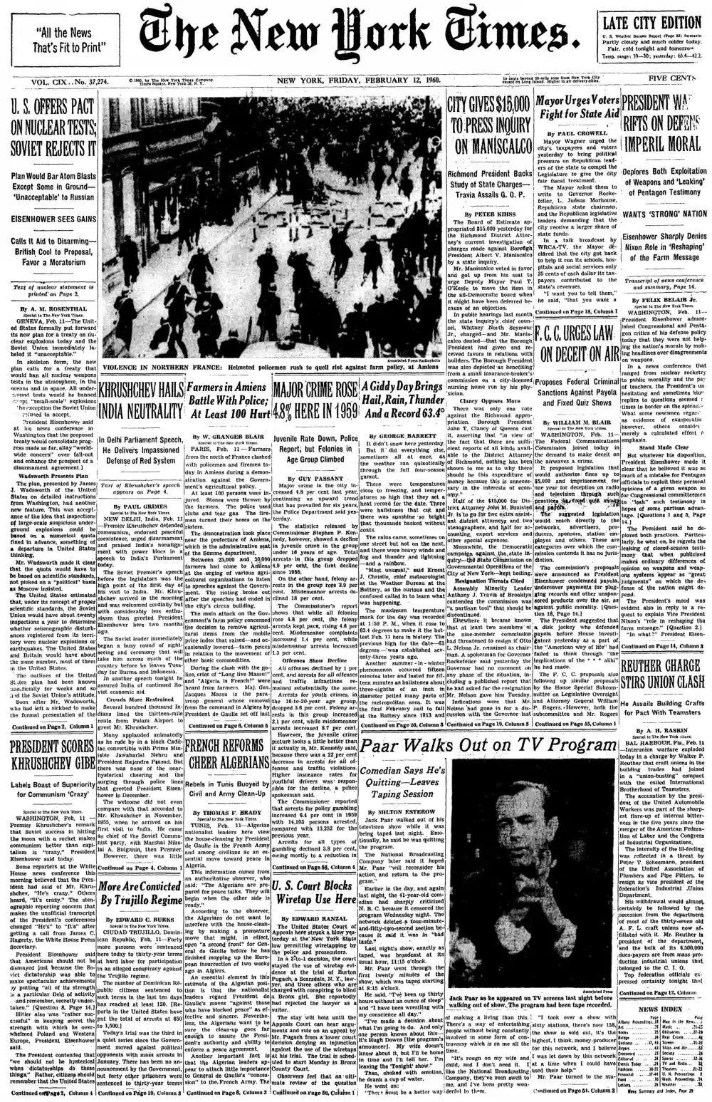 Friday, February 12, 1960 – The New York Times Front Page