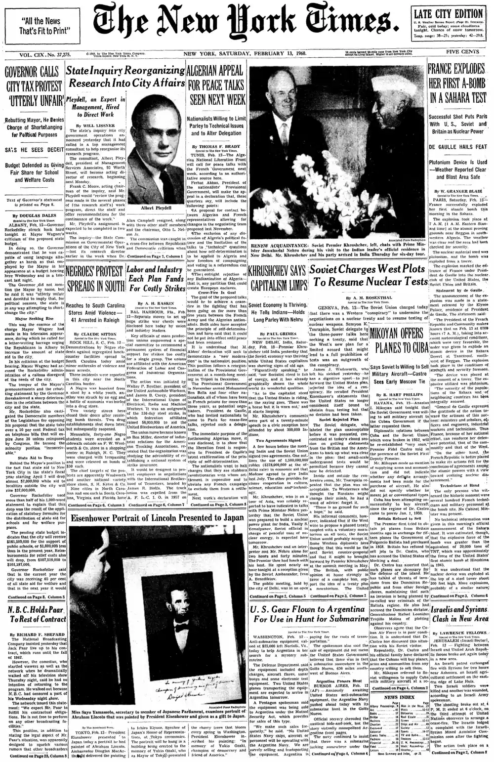 Saturday, February 13, 1960 – The New York Times Front Page