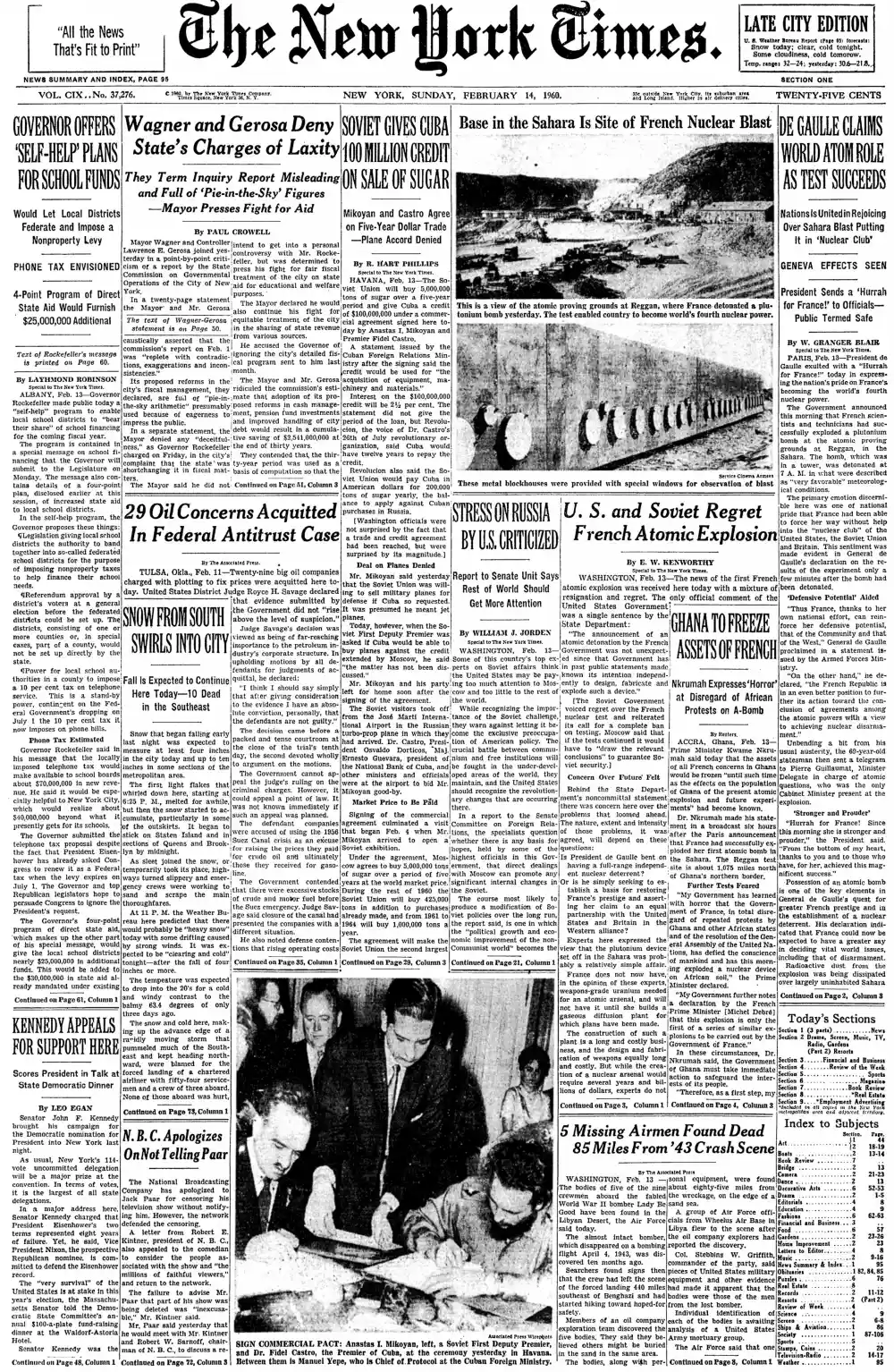 Sunday, February 14, 1960 – The New York Times Front Page