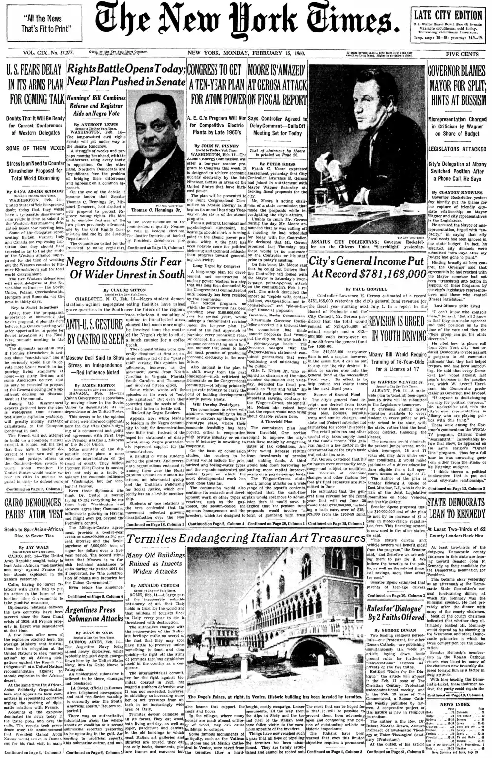 Monday, February 15, 1960 – The New York Times Front Page