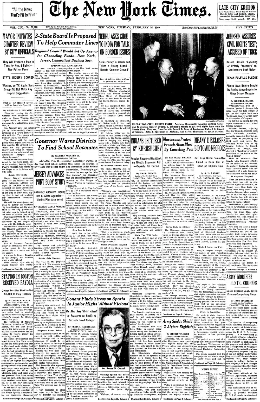 Tuesday, February 16, 1960 – The New York Times Front Page