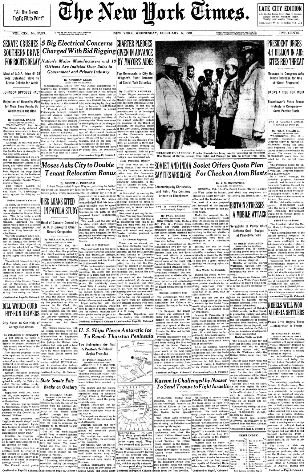Wednesday, February 17, 1960 – The New York Times Front Page