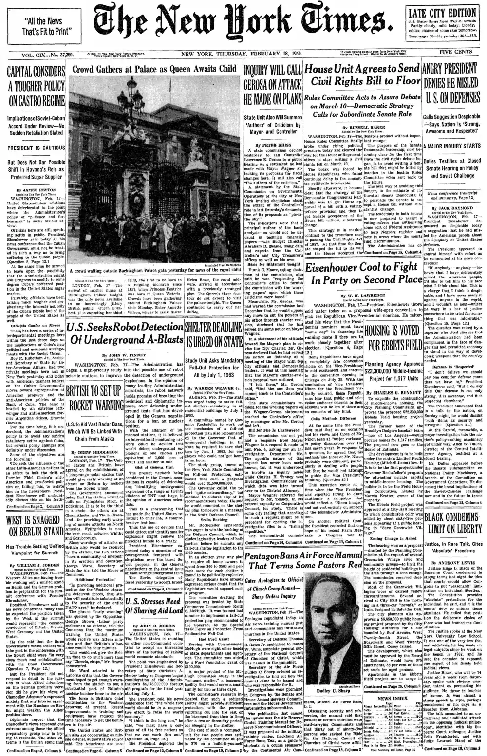 Thursday, February 18, 1960 – The New York Times Front Page