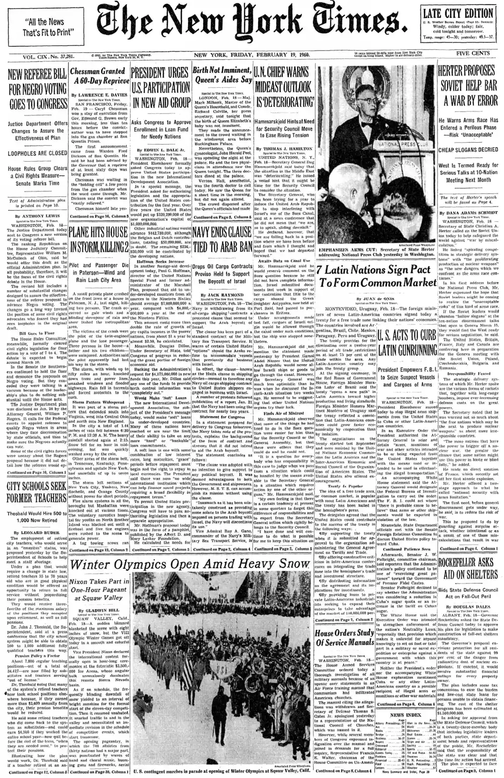 Friday, February 19, 1960 – The New York Times Front Page