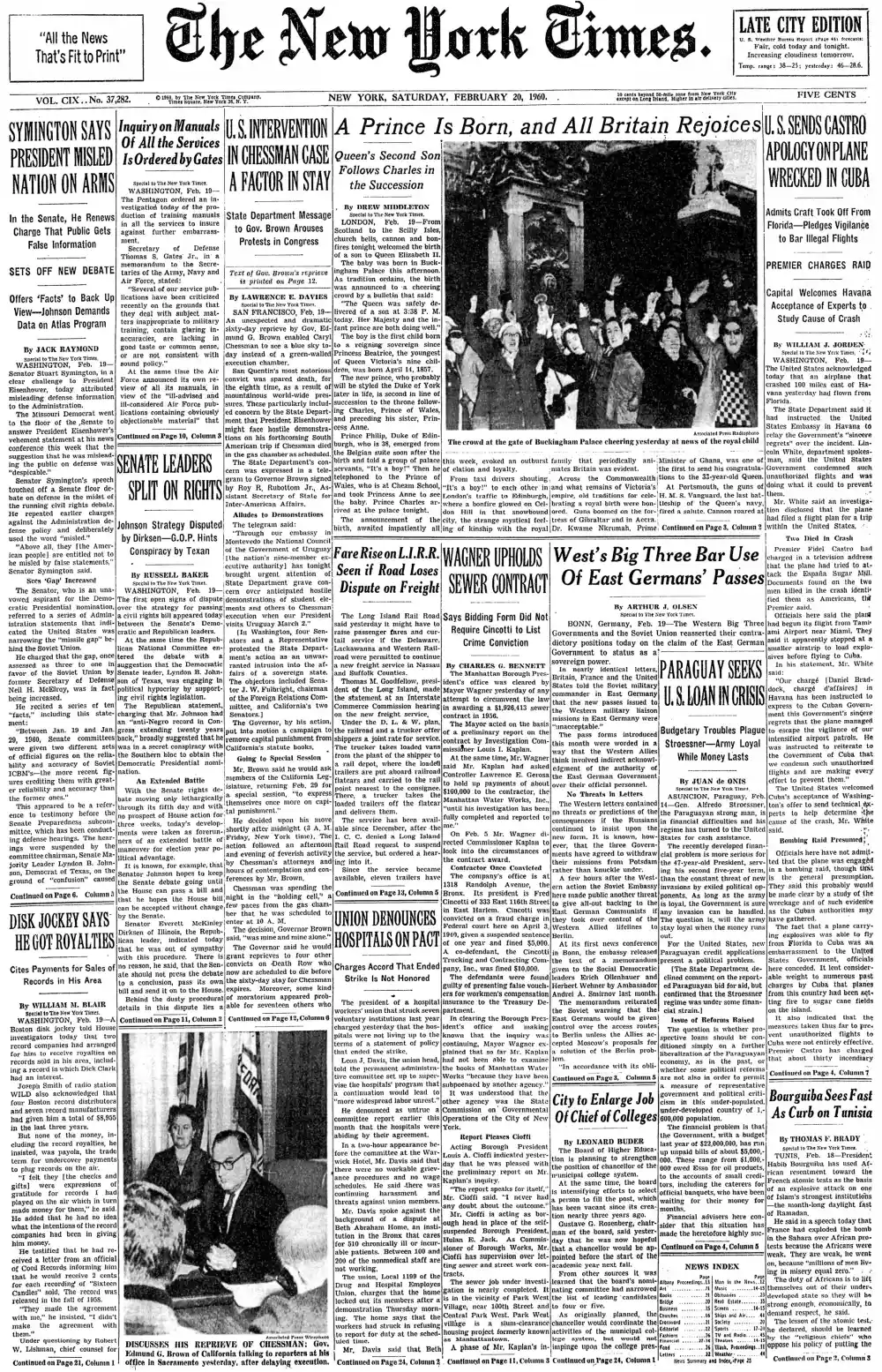Saturday, February 20, 1960 – The New York Times Front Page