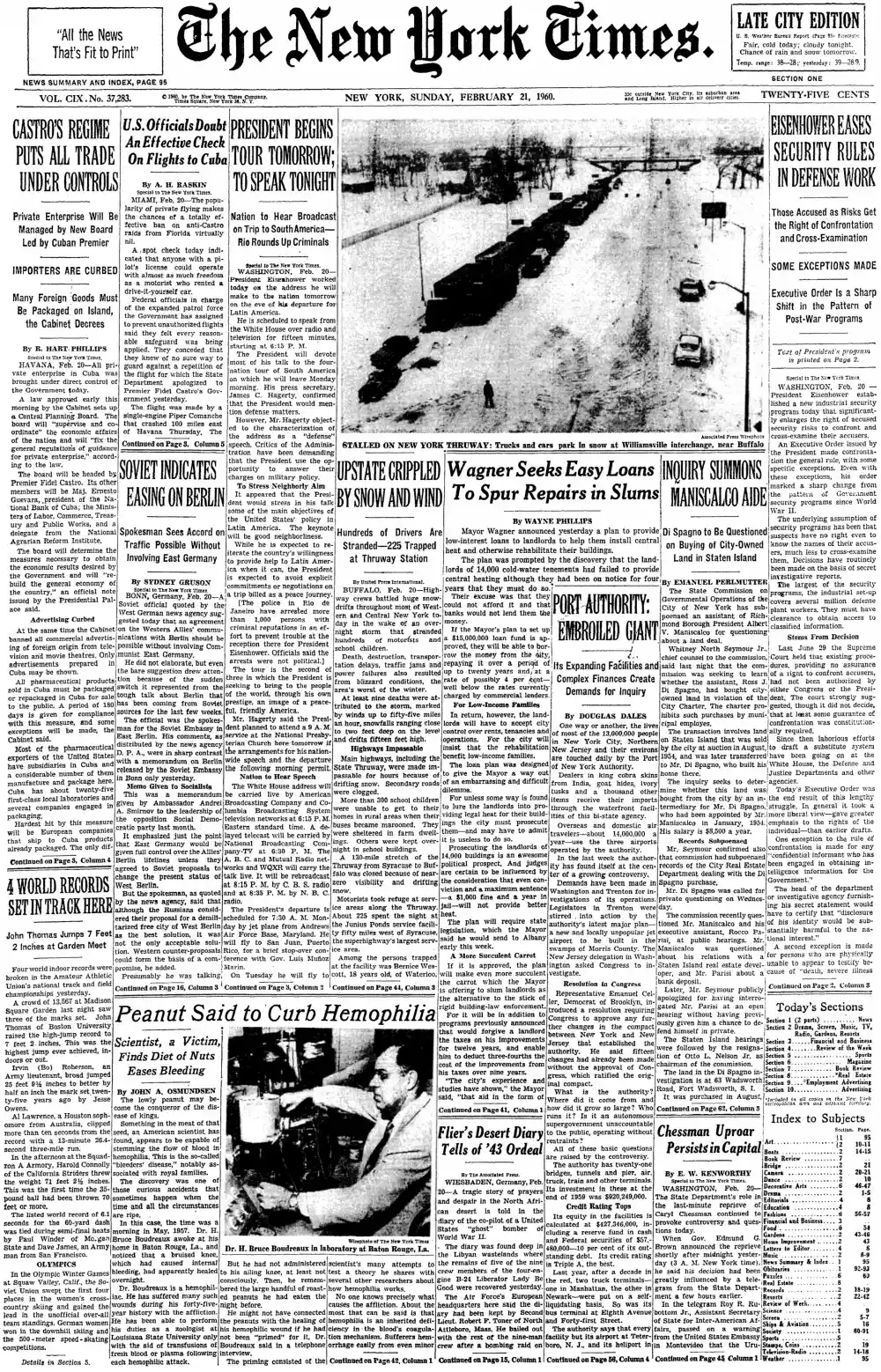 Sunday, February 21, 1960 – The New York Times Front Page