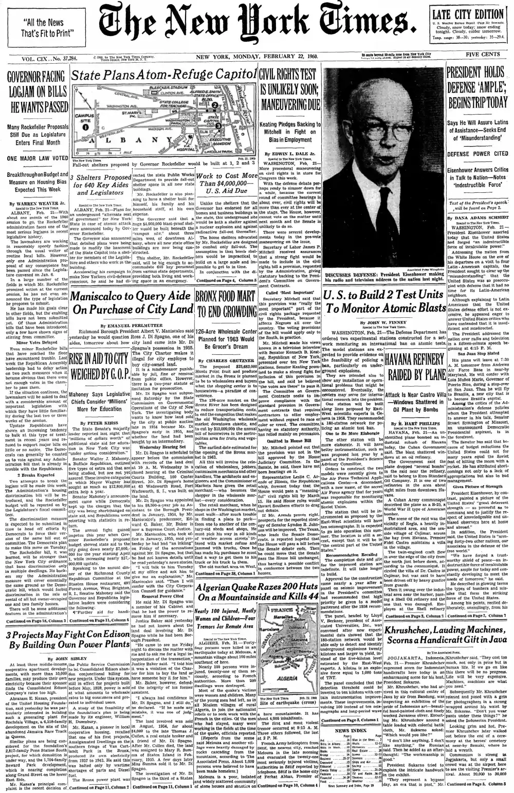 Monday, February 22, 1960 – The New York Times Front Page