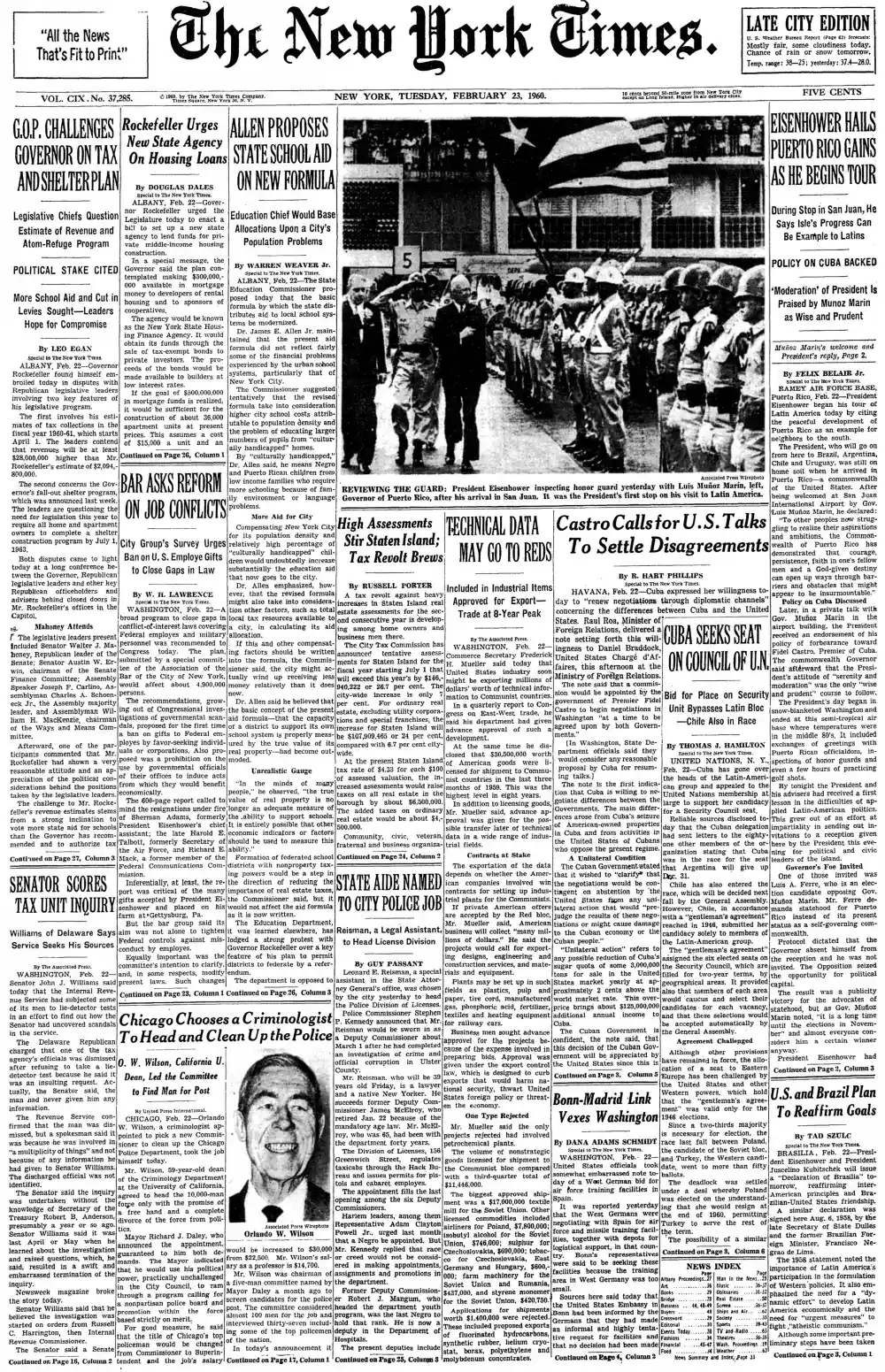 Tuesday, February 23, 1960 – The New York Times Front Page