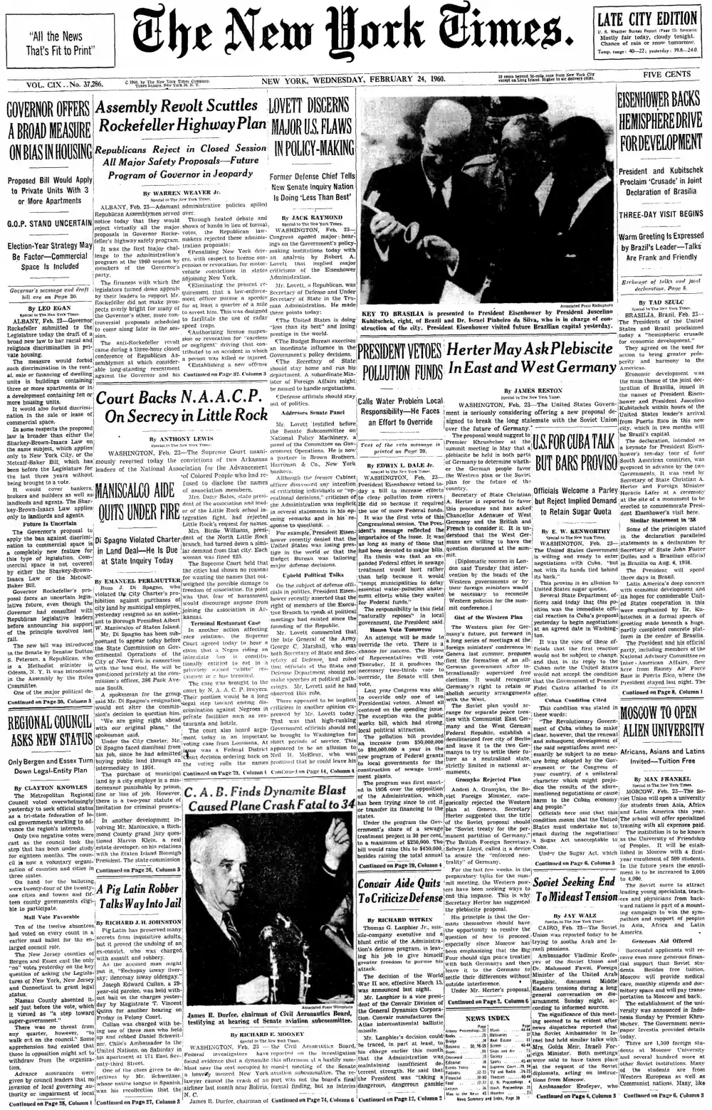 Wednesday, February 24, 1960 – The New York Times Front Page