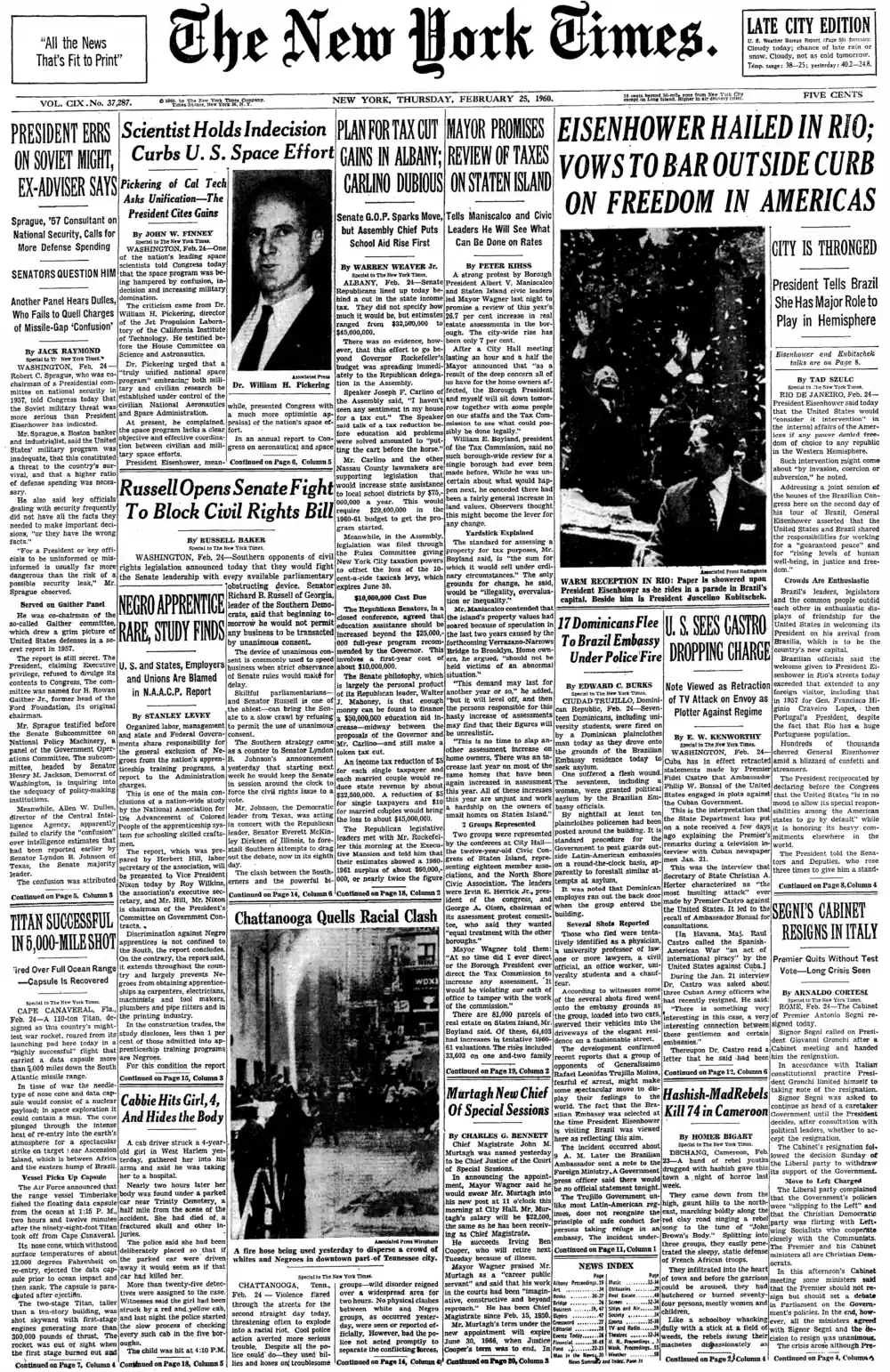 Thursday, February 25, 1960 – The New York Times Front Page
