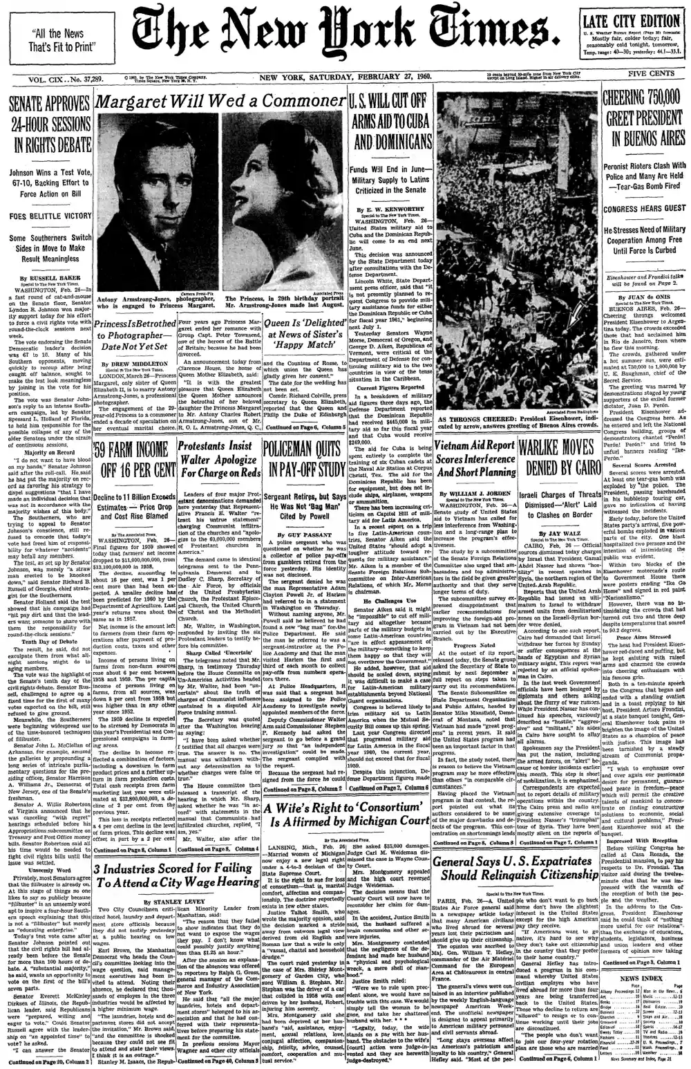 Saturday, February 27, 1960 – The New York Times Front Page