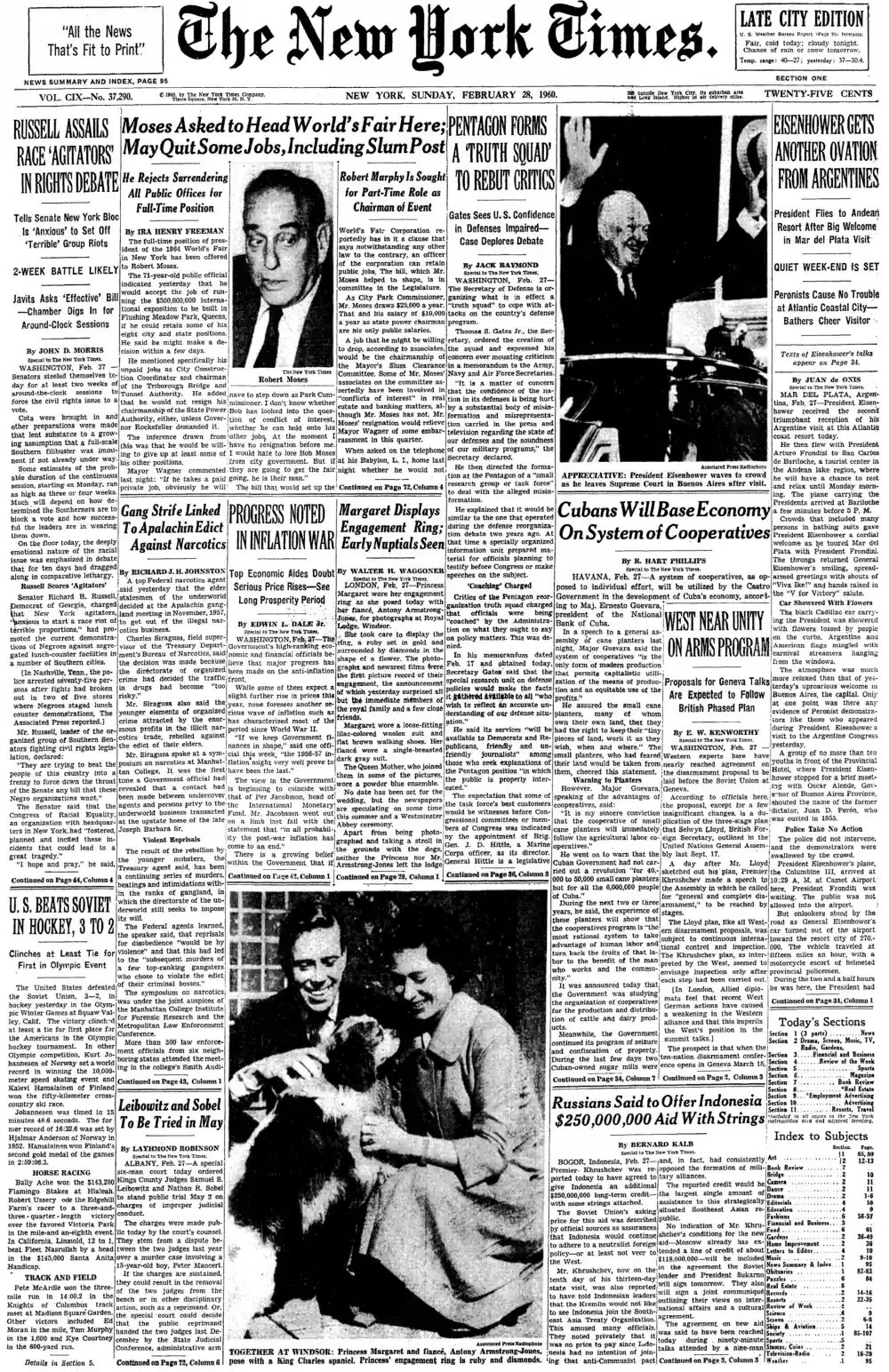 Sunday, February 28, 1960 – The New York Times Front Page