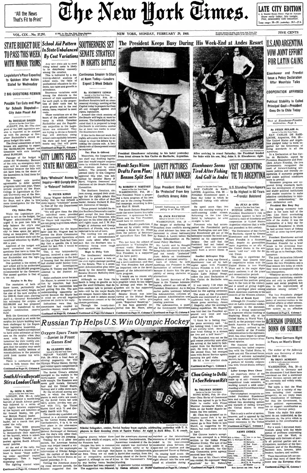Monday, February 29, 1960 – The New York Times Front Page