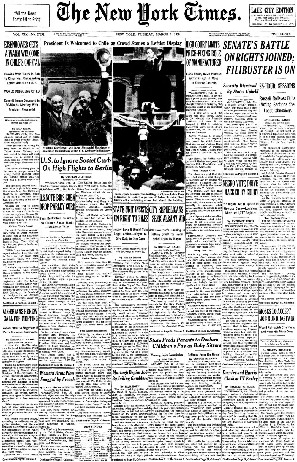 Tuesday, March 1, 1960 – The New York Times Front Page