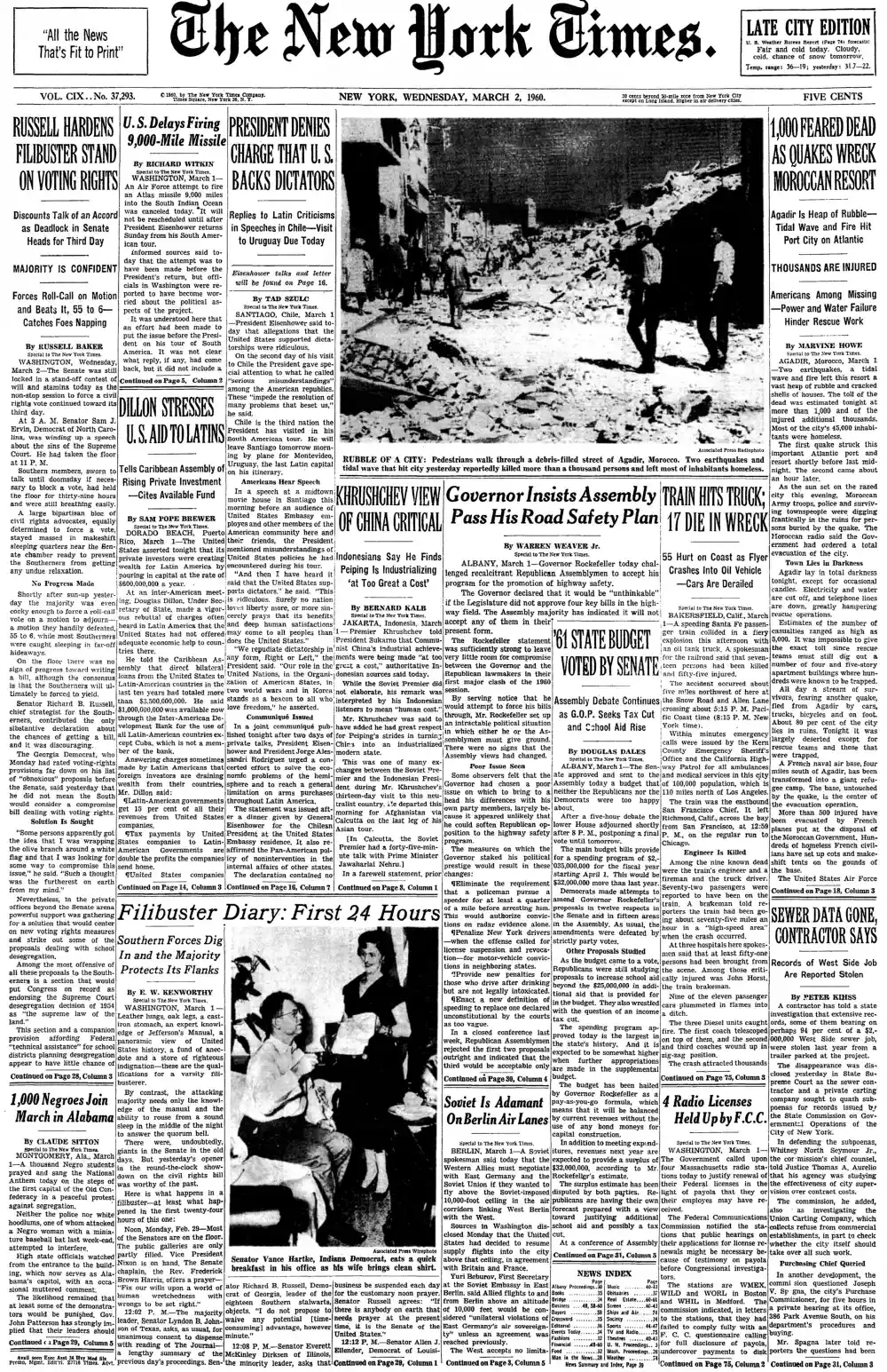 Wednesday, March 2, 1960 – The New York Times Front Page
