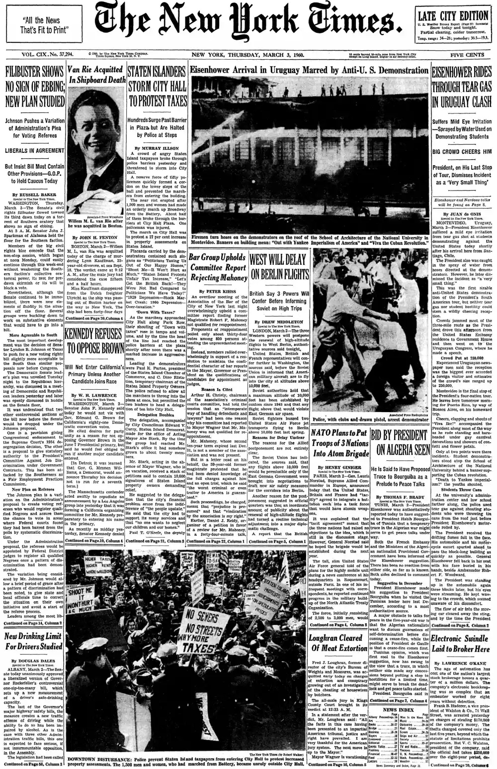 Thursday, March 3, 1960 – The New York Times Front Page