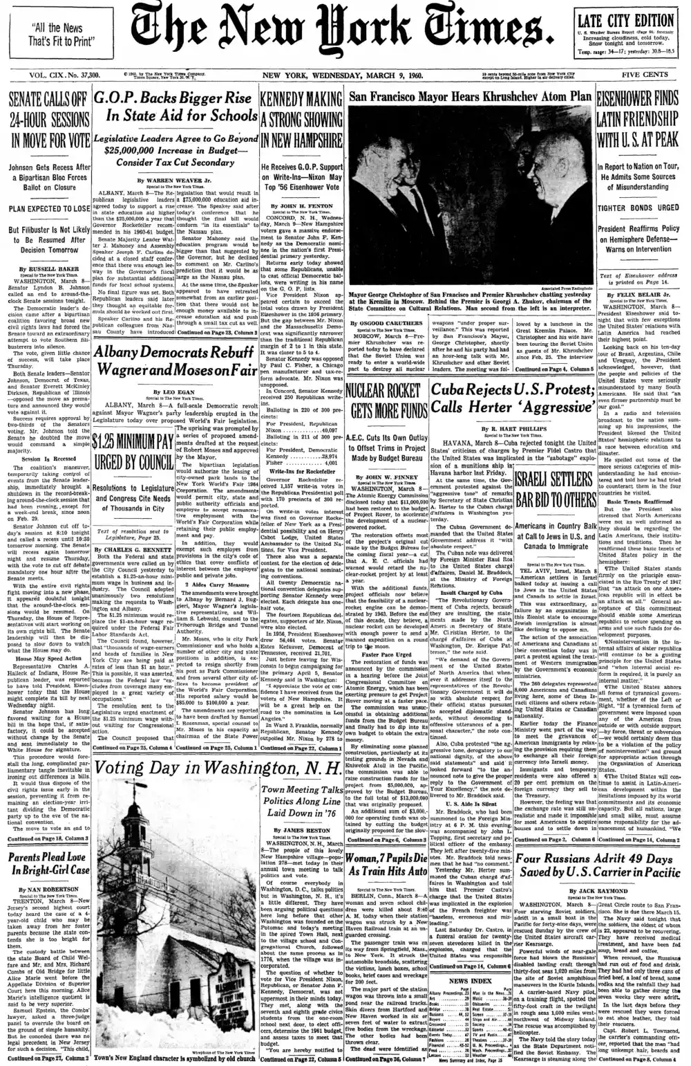 Wednesday, March 9, 1960 – The New York Times Front Page
