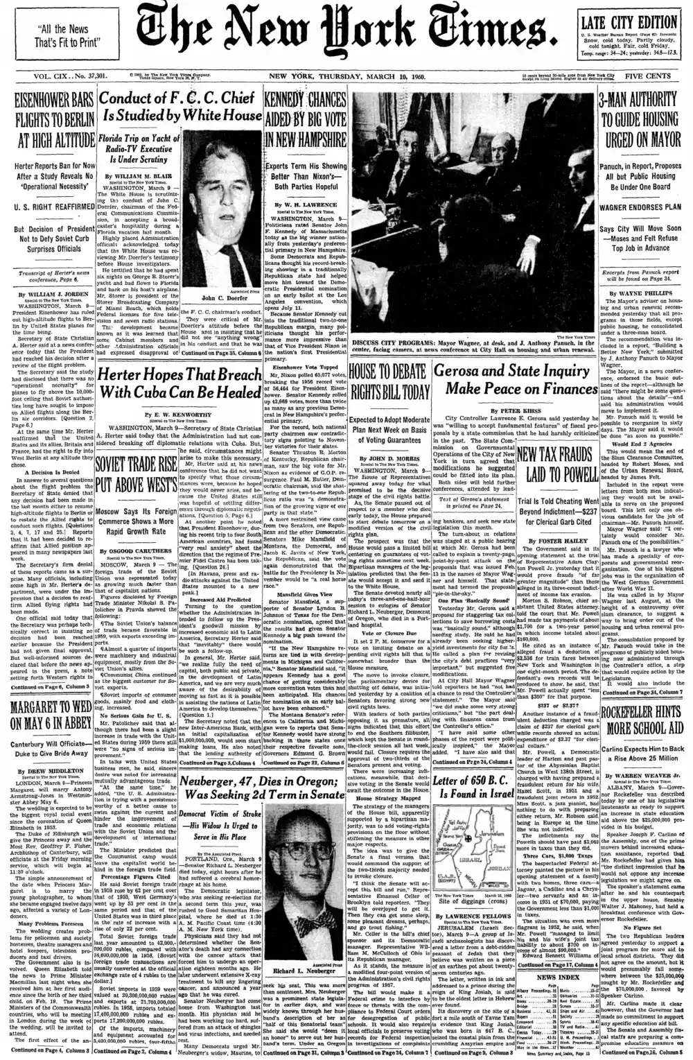 Thursday, March 10, 1960 – The New York Times Front Page