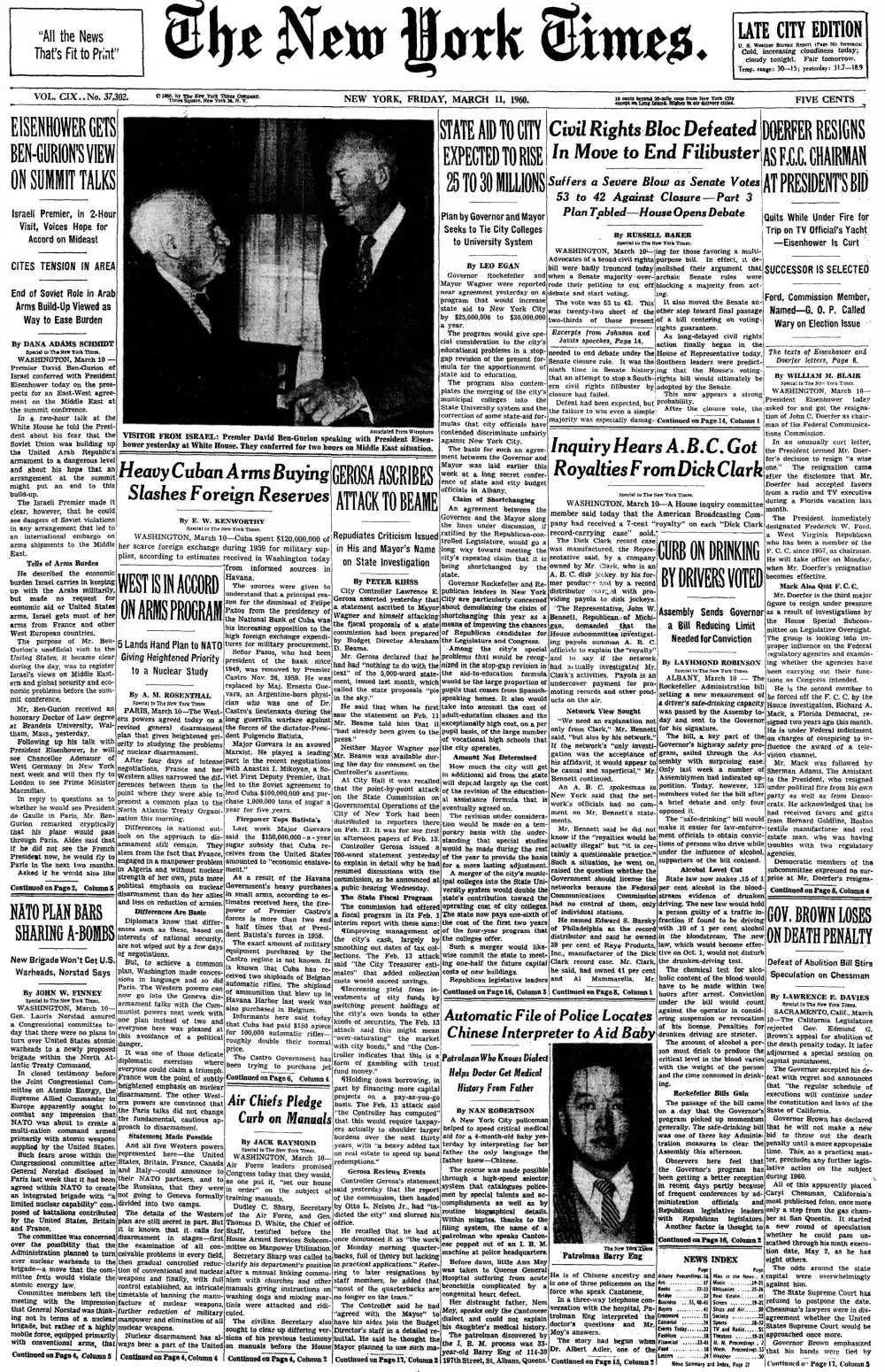 Friday, March 11, 1960 – The New York Times Front Page