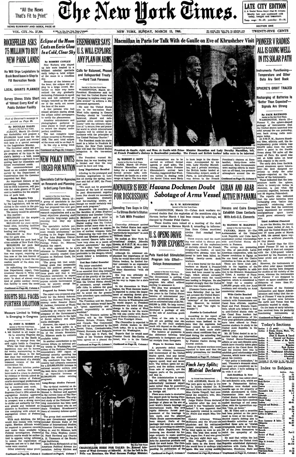 Sunday, March 13, 1960 – The New York Times Front Page