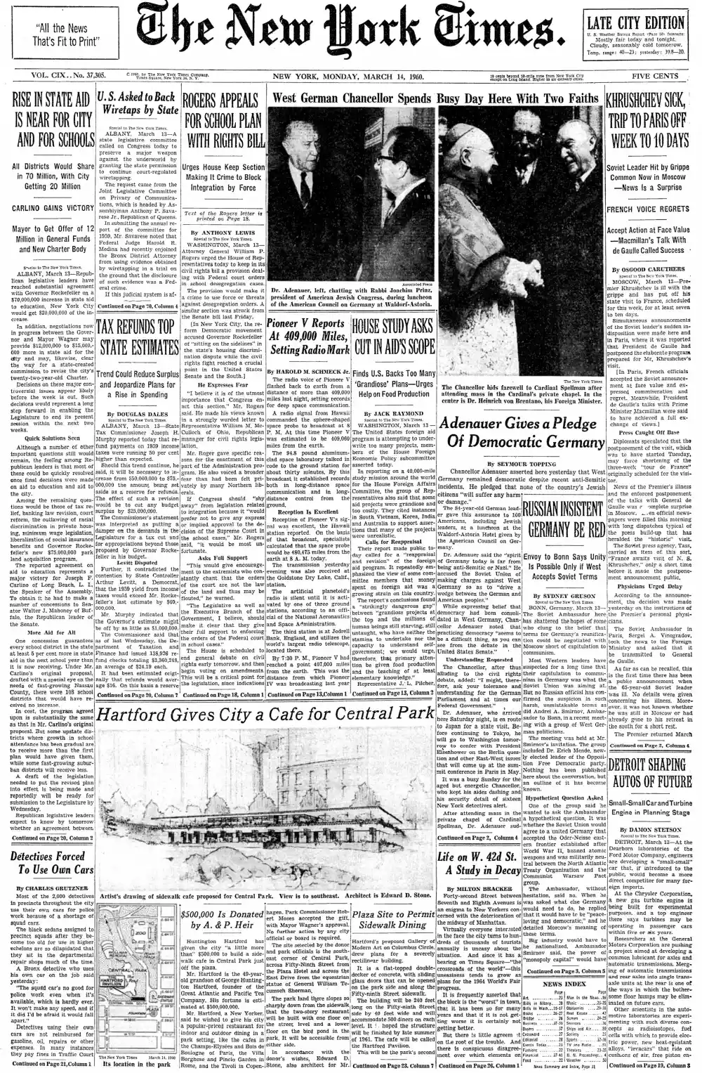 Monday, March 14, 1960 – The New York Times Front Page