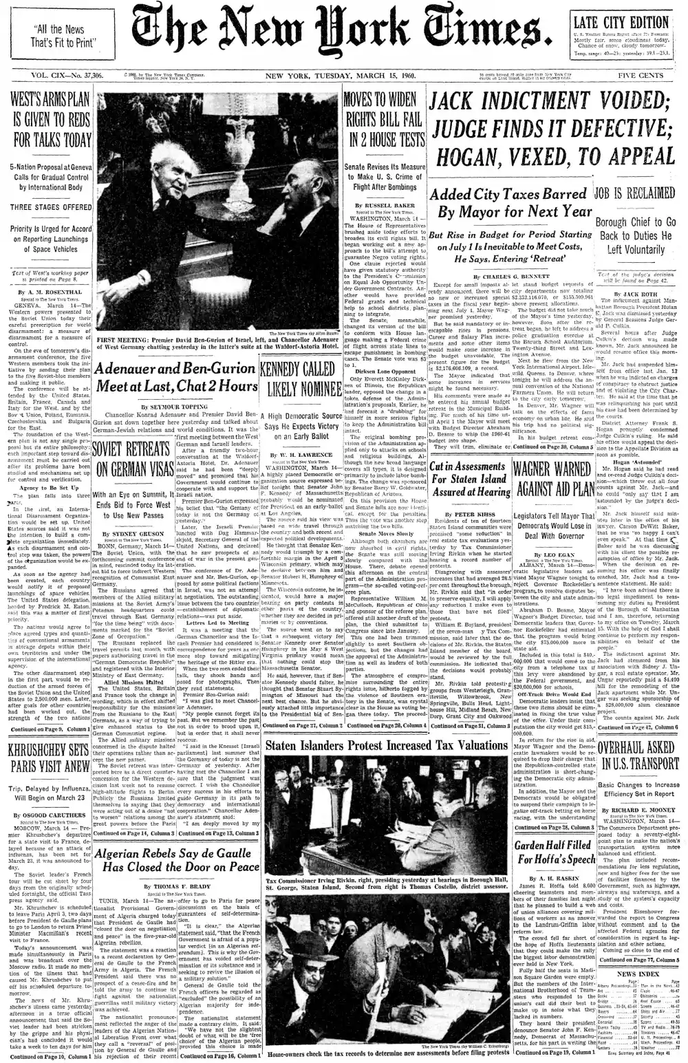 Tuesday, March 15, 1960 – The New York Times Front Page