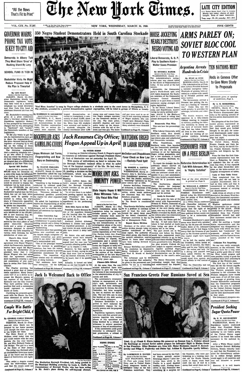 Wednesday, March 16, 1960 – The New York Times Front Page