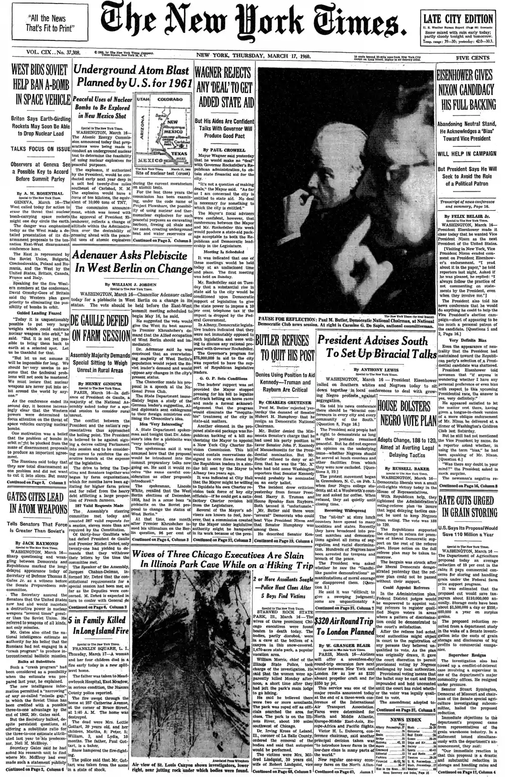 Thursday, March 17, 1960 – The New York Times Front Page