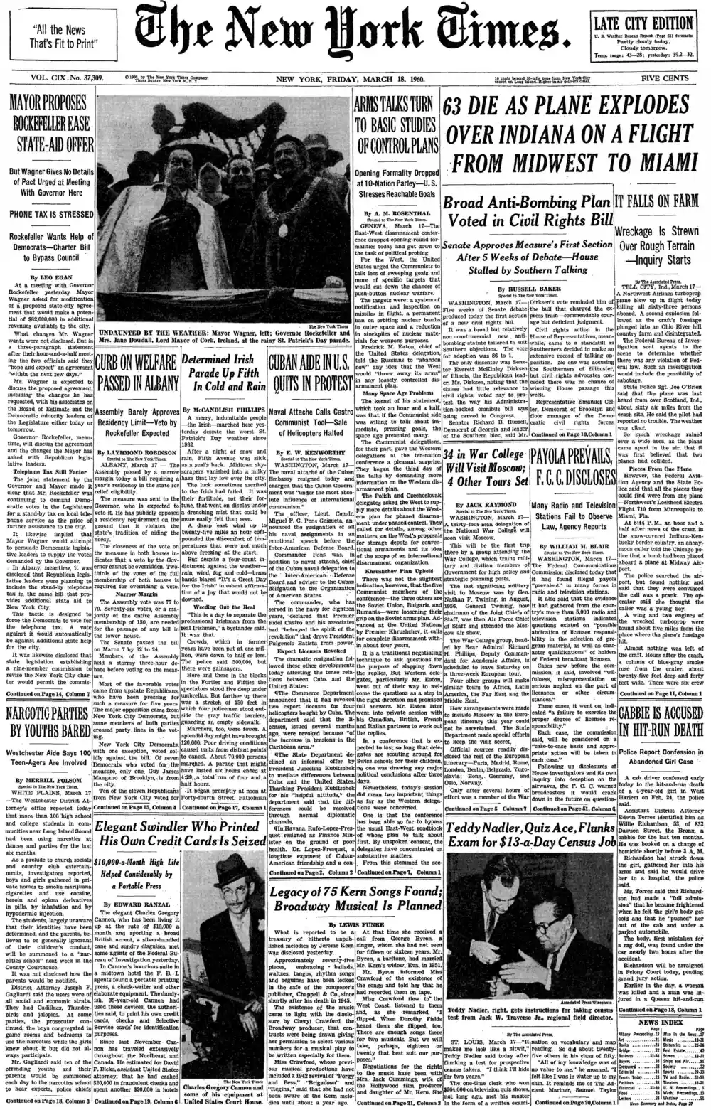 Friday, March 18, 1960 – The New York Times Front Page