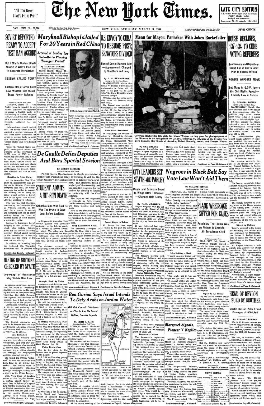 Saturday, March 19, 1960 – The New York Times Front Page
