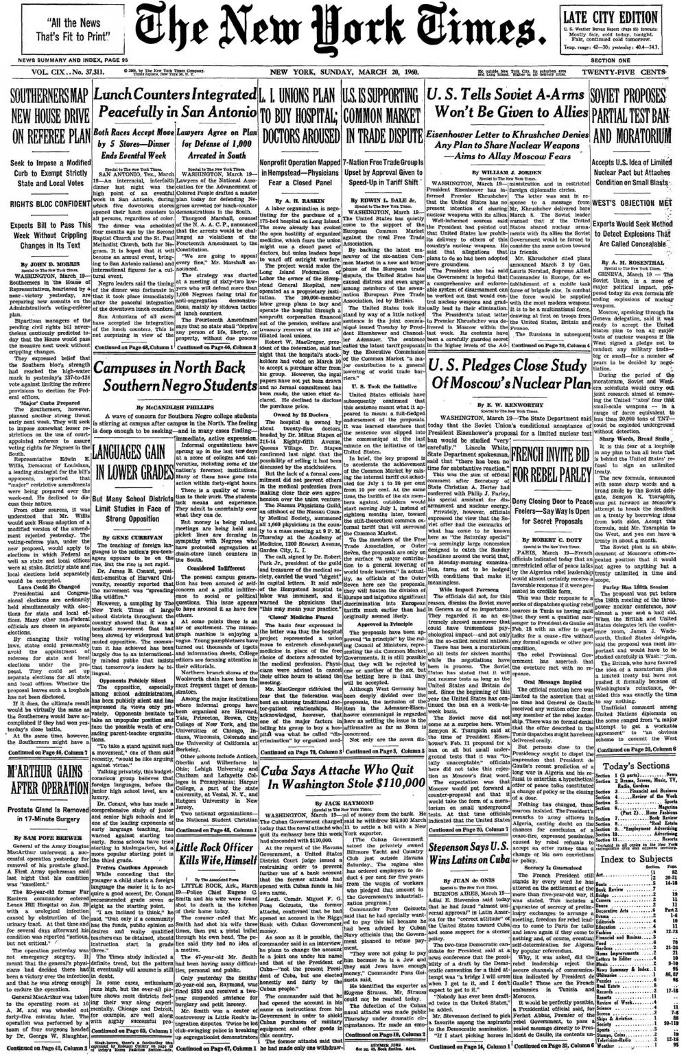 Sunday, March 20, 1960 – The New York Times Front Page