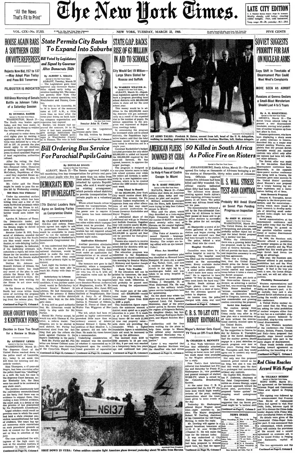 Tuesday, March 22, 1960 – The New York Times Front Page