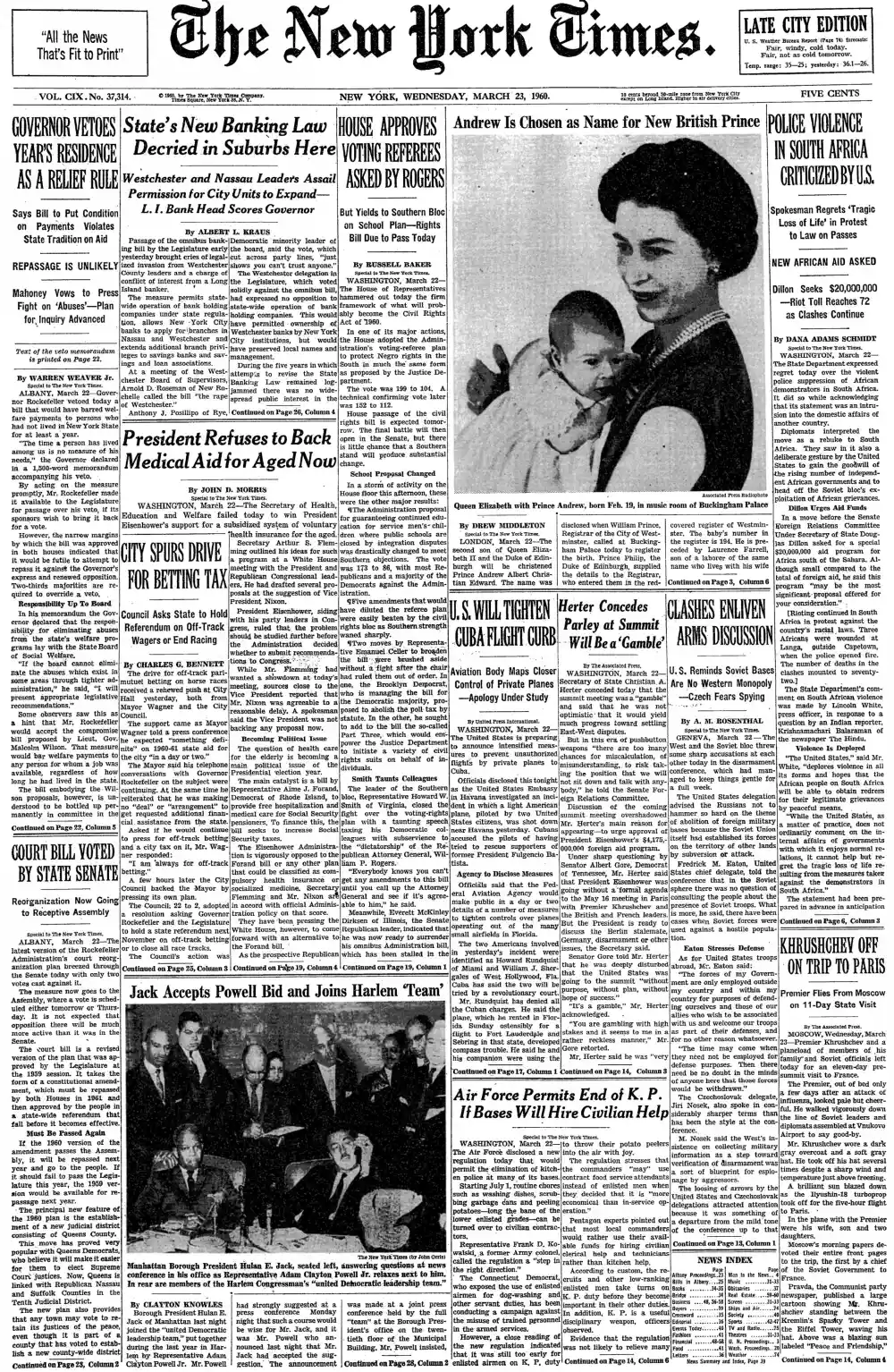 Wednesday, March 23, 1960 – The New York Times Front Page