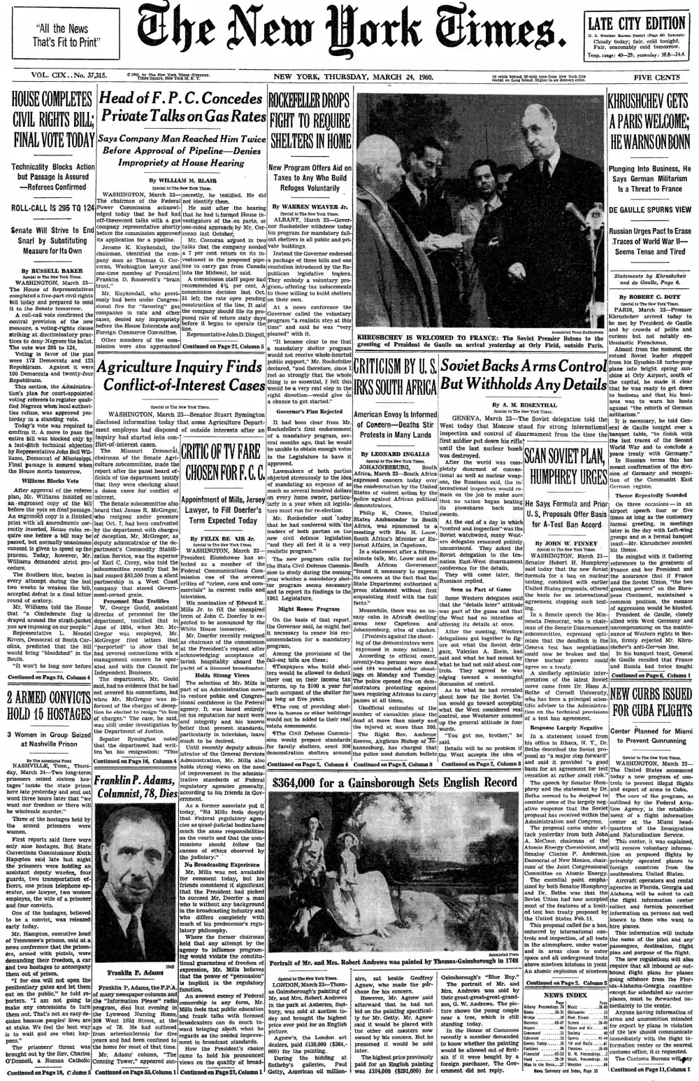 Thursday, March 24, 1960 – The New York Times Front Page