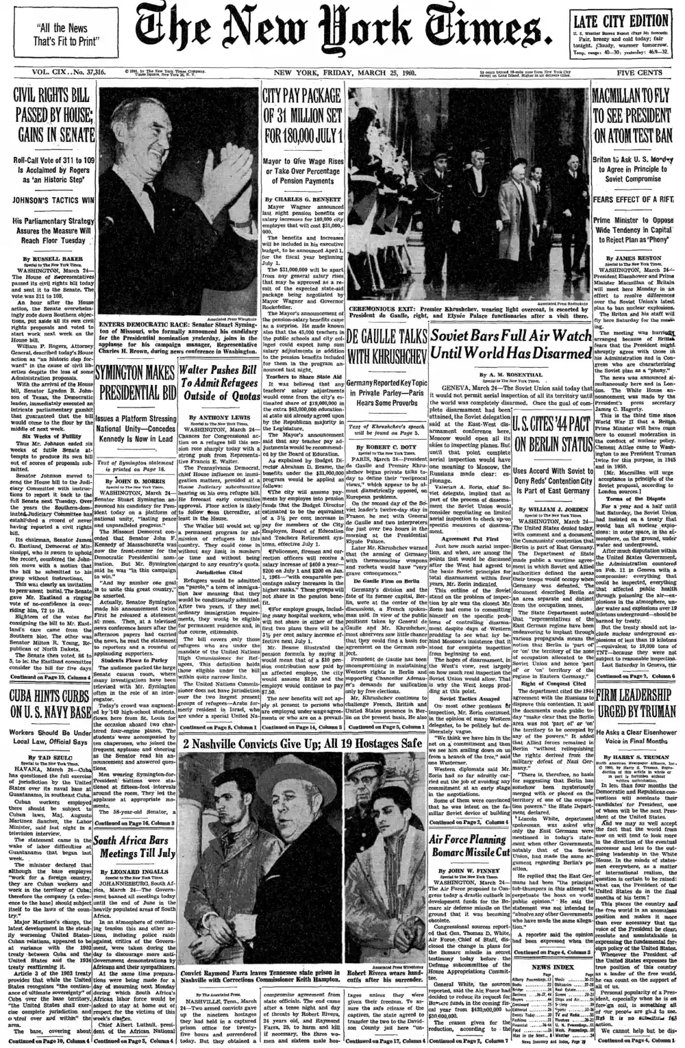 Friday, March 25, 1960 – The New York Times Front Page