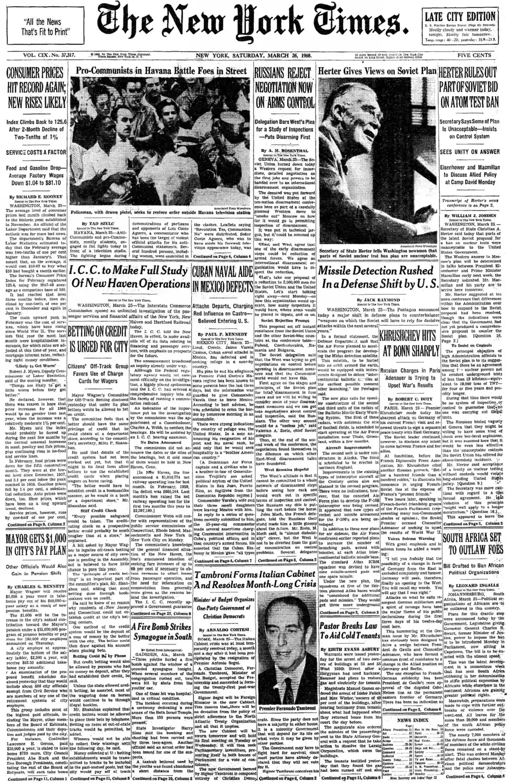 Saturday, March 26, 1960 – The New York Times Front Page