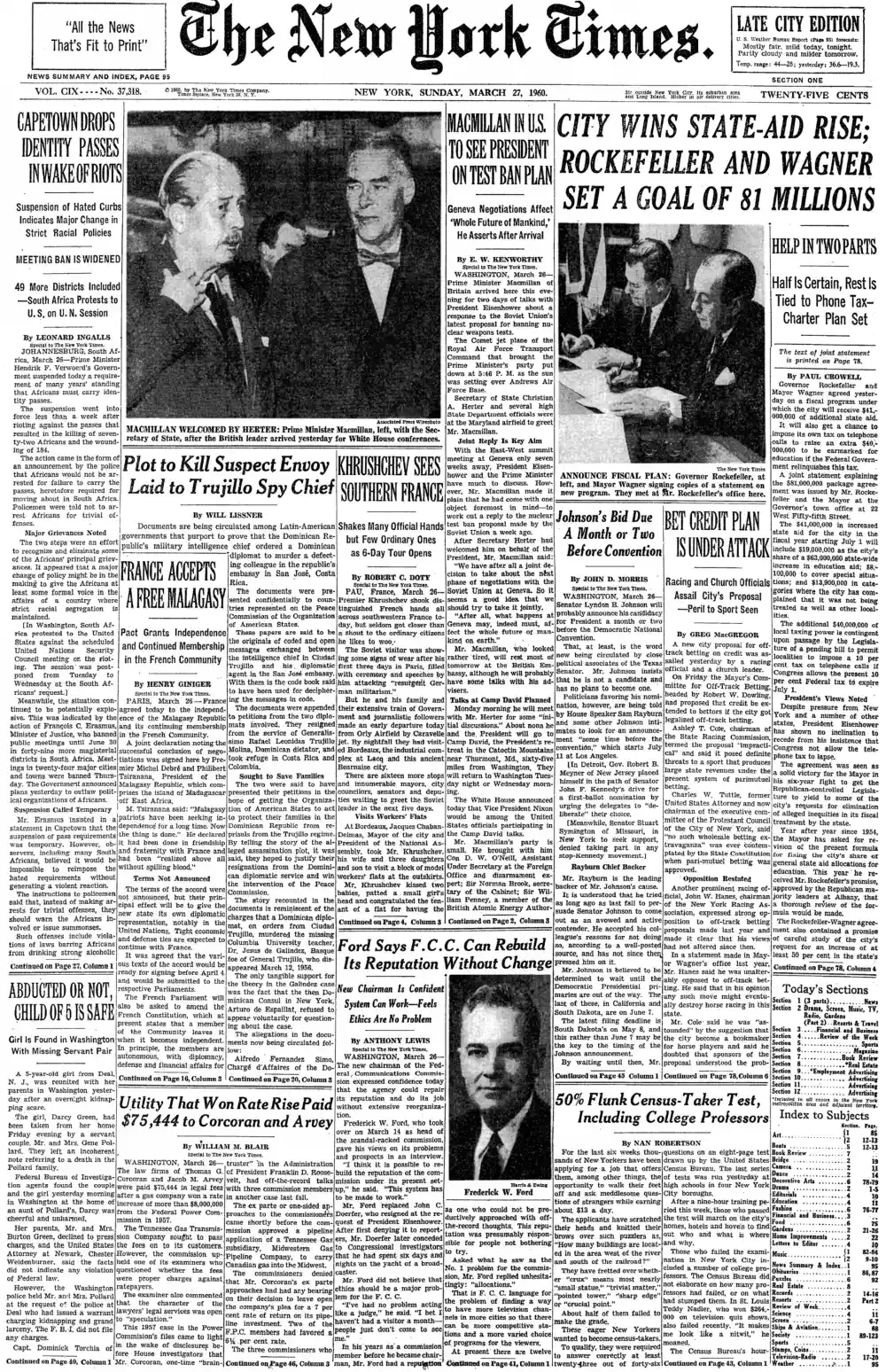 Sunday, March 27, 1960 – The New York Times Front Page